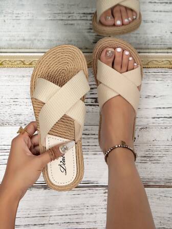 女士经典米色凉鞋，时尚海滩度假风格交叉带涤纶平底凉鞋
