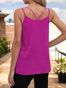 Blusa Basica Holgada con Tirantes Cruzados en la Espalda y Escote en V para Mujer - Rosa Fucsia - Ver 4