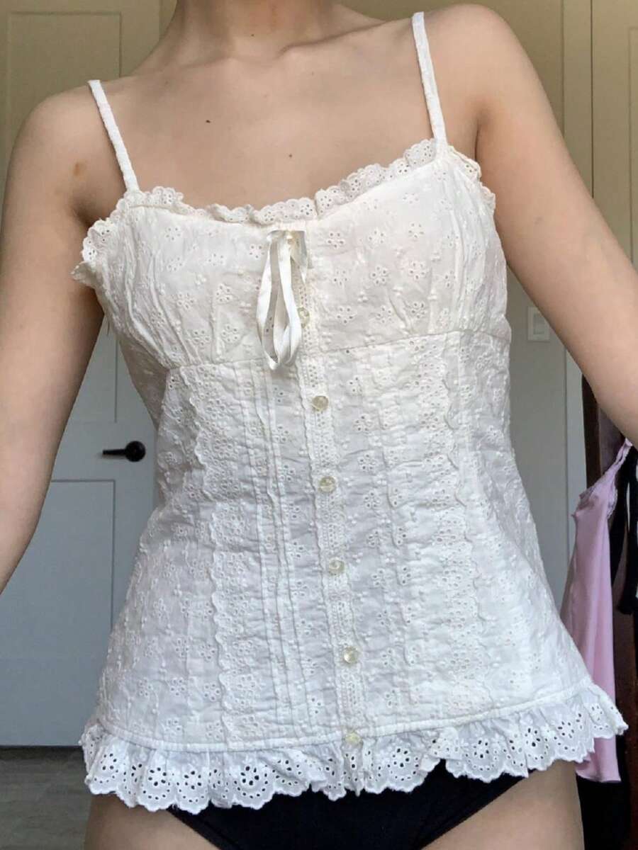 Women Y2k Fairy Grunge Camisole Slim Fit Lace Ruffle Hem Sleeveless Backless Spaghetti Strap Crop Tank Tops With Bow Slim Fit T Shirt Going Out Tops For Teen Girls Vintage Retro Aesthetic Clothes 2000s Summer Streetwear - 白色 - 查看 1