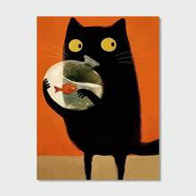 1幅黑猫与鱼帆布墙画 - 充满想象力的动物美学海报，适合家居装饰，不含画框 - 彩色 - 查看 14