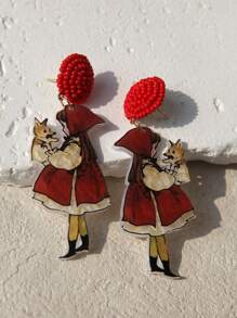 Pink Snail Cute Handmade Seed Bead Stud Earrings, Funny Statement Cartoon Girl Holding Dog Themed Acrylic Resin Drop Earrings, Fashion Jewelry Earrings For Women Girls, Holiday/Party/Gift - Red Riding Hood Girl Holding Puppy - View 8