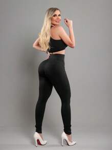 Super Shaping Leggings With Front BucklesSimpleCasualSensualPartyPolyesterEyeletAppliquesBuckles - 黑色 - 查看 3