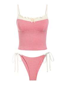 Women's Red Gingham Bikini Set Ruffle Trim Tie Side High Waisted Bottom Sheer Cover Up Summer Two Piece Swimwear Vacation - 粉色 - 查看 2