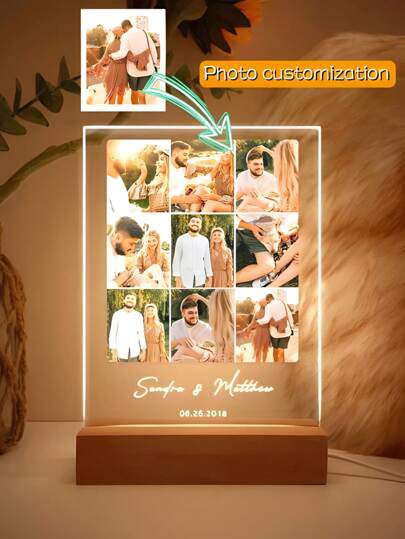 1pc Customized Couple Collage Photo LED Night Light, Personalized Acrylic Night Light With Photo And Text, Customized Photo Light, Personalized Photo Collage LED Light, Couple Photo Frame, Personalized Photo Collage Gift, Bedroom Night Light, Birthday Gift, Couple Gift, Unique Wedding Gift, Anniversary Gift, Gift For Wife/Her/Girlfriend/Friend, Gift For Him/Boyfriend/Husband