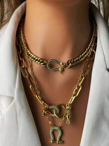 STYLEVER 1 PC Silvery Charm Pendant Necklace,Gold Lock Charm Necklace,Colorful Mountain Climbing Chain, Shackle Charm Necklace,Stainless Steel Chain,U-Shaped Horseshoe Necklace