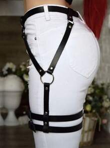 1 Pc Street-Style Waist Belt, Black PU Leather Thigh Garter, Suitable For Party & Everyday Wear For Women