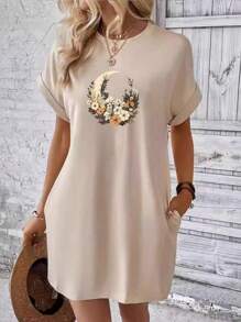 Summer Loose Casual Ladies Short T-Shirt Dress Printed With Moon And Flower Prints