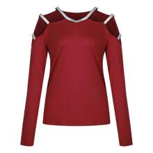 Womens  Casual Loose Cold Shoulder Bling Tunic Tops Ladies Long Sleeve Slim Fit T-Shirt Blouse Shirt - Burgundy - View 2