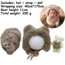新生儿摄影道具服装女孩男孩泰迪熊帽子带包裹弹力毯和熊娃娃婴儿拍摄配件 - 彩色 - 查看 2