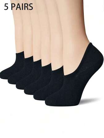 5 Pairs Women's Fashion Black Invisible Boat Socks, Breathable, Sweat Absorbent And Moisture Wicking, Suitable For Daily Wear