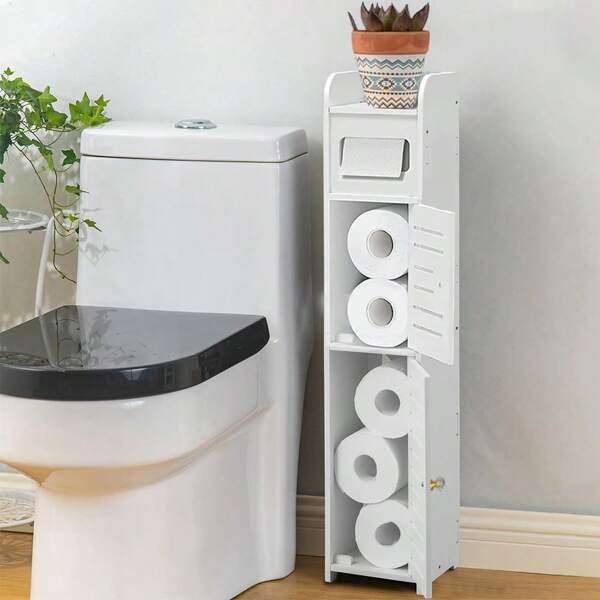 1 pieza Gabinete de almacenamiento delgado para el baño con portarrollos, gabinete compacto de plástico para costado del inodoro, organizador de espacio ahorrativo para el baño con portarrollos y estantes de varios niveles | Unidad de estantería impermeable para el baño | Accesorios de baño
