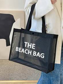大容量网袋套装，女士手提包，“沙滩包”图案印花网袋，网眼沙滩包手提包，网眼化妆品收纳袋，可折叠游泳大容量沙滩包防水防沙，字母装饰网眼沙滩托特包女士单肩手提包，个性化礼品袋，化妆包 - 黑色 - 查看 2