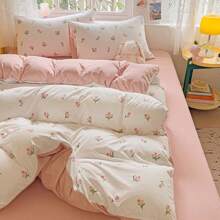 4pcs Floral Print Duvet Cover Set (1 Duvet Cover, 1 Flat Sheet, 2 Pillow Shams, No Filling), Bedding Set, Suitable For All Seasons, Machine Washable, Bedroom Decor, Halloween Gift - Multicolor - View 8