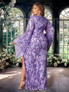 Plus Size Women's Printed High Slit Party Dress - Purple - View 4
