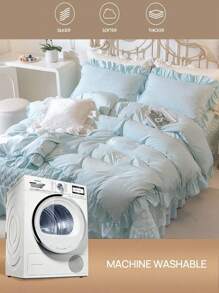 1 Set Of 3 Pieces (1 Duvet Cover + 2 Pillow Shams) Light Blue Ruffle Elegant Soft & Cozy Bedding Set, Suitable For Bedroom, Guest Room