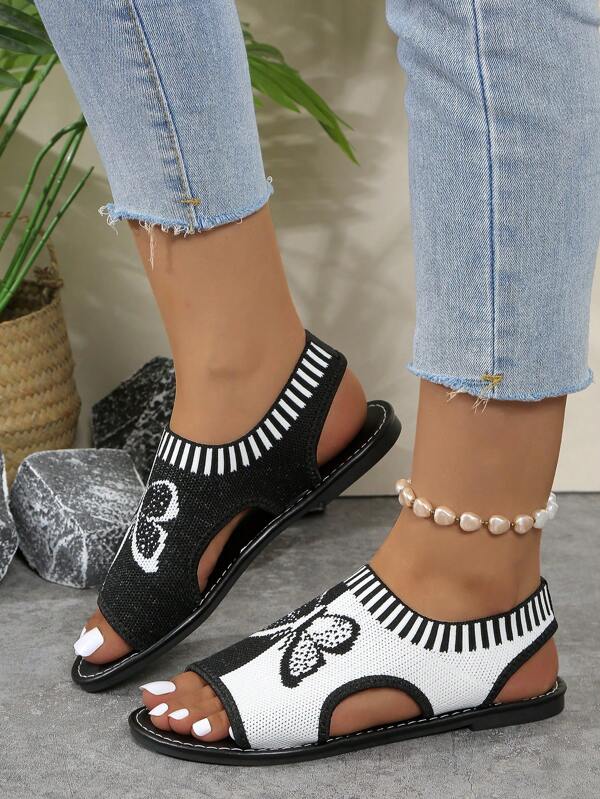 2025 New Women Plus Size Peep-Toe Roman Style Sandals, Net Fabric Knitted Embroidered Flat Sandals With Butterfly Embroidery, Fashion