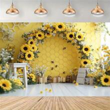 1pc Honeycomb Sunflower Party Backdrop, Multipurpose Party Banner, Including 1 Sunflower Arch And Honey Bees, Printed Photography Background, Holiday Christmas Wedding Tabletop Decor, No Power Required - 1 - View 1