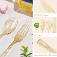150pcs Transparent Shiny Disposable Cutlery Set, Including 50 Knives, 50 Forks, 50 Spoons, Reusable And Dishwasher Friendly, Ideal For Parties/Birthday/Weddings - Flash Gold - View 6