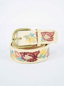 Flower Embroidered Statement Belt - 卡其色 - 查看 1