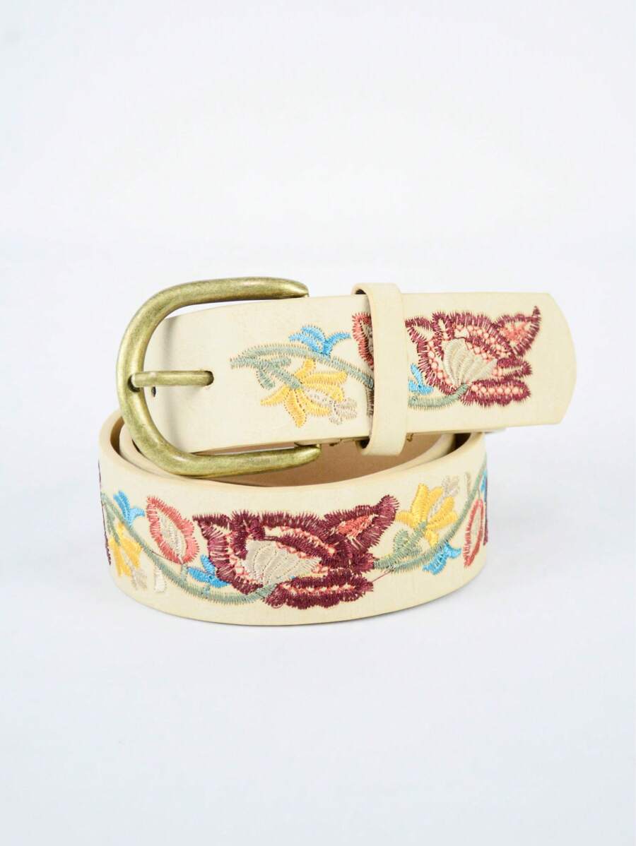 Flower Embroidered Statement Belt - 卡其色 - 查看 1