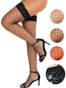 1双女士蕾丝过膝长筒袜，带防滑硅胶，性感不下滑，Y2K - 彩色 - 查看 1