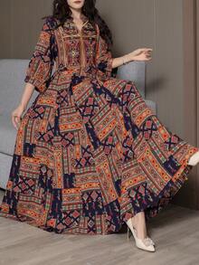 中东、阿拉伯、休闲、波西米亚、刺绣、文艺、复古、度假旅行长裙，端庄 - 彩色 - 查看 3