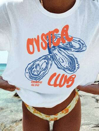 Oversize Oversized Beach Vacation White Seafood T-Shirt, Oyster Sweatshirt, Oyster Club, Oyster Crew Neck Short Sleeve, Seafood Sweatshirt, Gourmet Shirt, Gourmet Vintage Pullover T-Shirt, Oyster Lover Shirt, Suitable For All Ages For All Ages Vacation Trips And Trips To Play And Parties