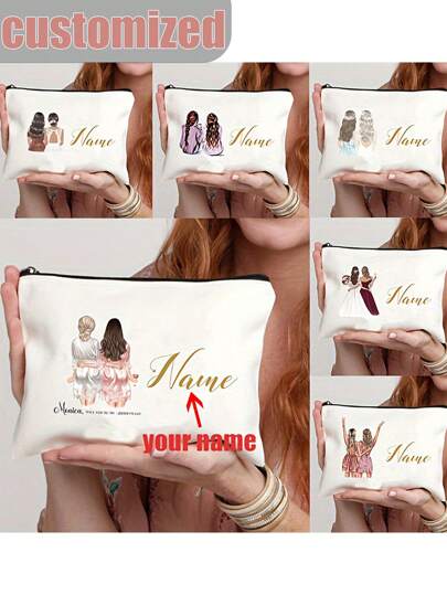 1 pièce Sacs de maquillage imprimés pour mariées et demoiselles d'honneur, personnalisables avec votre nom ou insigne, parfaits pour les enterrements de vie de jeune fille, les cadeaux de douche et les articles de voyage essentiels, sacs clutch pour femmes, adaptés aux outils de beauté, cosmétiques, produits numériques, convenant aux femmes, sacs de mariage personnalisés pour demoiselles d'honneur, sacs de maquillage, sacs de rangement, sacs de maquillage de couleur unie, sacs de maquillage grande capacité, tout usage, grande capacité, polyvalent, multifonction, coloré, mignon, adorable, sobre, amusant, kawaii, Y2K, minimaliste, déplacement, tenue de ville, basiques, personnalisé, unique, idéaux comme cadeaux pour lui, idéaux comme cadeaux pour elle, elle, famille, amis, petite amie, pour les anniversaires, pour les vacances/voyages, pour l'extérieur/les sorties/les voyages/la randonnée/le stade/les sports/l'escalade, pour les affaires/le trajet/le travail/le bureau