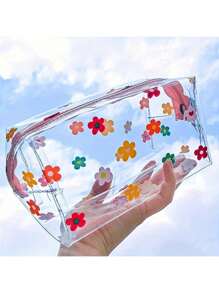 1 pieza Bolsa de cosméticos transparente y a prueba de agua con diseño de flor, bolsa transparente para bolígrafos, bolsa transparente para lápices, reutilizable y lavable, regalo pequeño y lindo, apropiado para cumpleaños, bodas, fiestas, Navidad, Halloween, Acción de Gracias, temporada de graduación, temporada escolar, 1 paquete de flores de color + 1 paquete de flores blancas, volver a la escuela, útiles escolares, estuche de lápices, bolsa de lápices, mochila escolar
