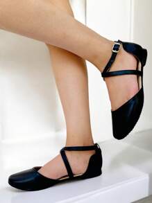 Bailarinas de mujer , zapato de piso y plano con correa cruzada, antiderrapantes, casuales, cómodas. Primavera-Verano. - Negro - Ver 5