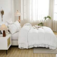 Ruffle Comforter Set Queen Size,Boho Shabby Chic Bedding Sets, Soft Fluffy Comforters Sets For All Season,Vintage Ruffled 3 Pcs Microfiber Lightweight Quilt Set Gift For Women Girls - 白色 - 查看 4