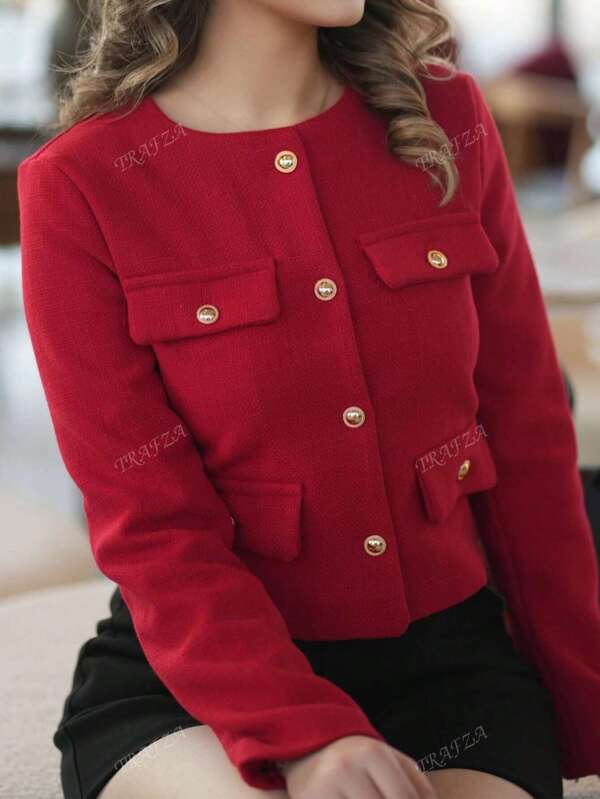 TRAFZA Women's Elegant Casual Tweed Jacket Spring Round Neckline Decorated Long Sleeves Solid Colour Coat
