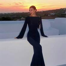 Women Crochet Knitted Long Sleeve Maxi Dress Sheer See Through Backless Swimsuit Bikini Cover Up Beach Swimwear Party Dress