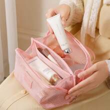 Bolsa de maquillaje de alta gama con diseño tipo Ins de gran capacidad y malla, organizador de artículos de tocador portátil y multifuncional para viajes