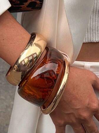 1-3 件 ABS 树脂叠层手链，扎染、玳瑁、豹纹、咖啡、金色、不对称、复古个性化珠宝手链，适合日常穿着、派对、礼物