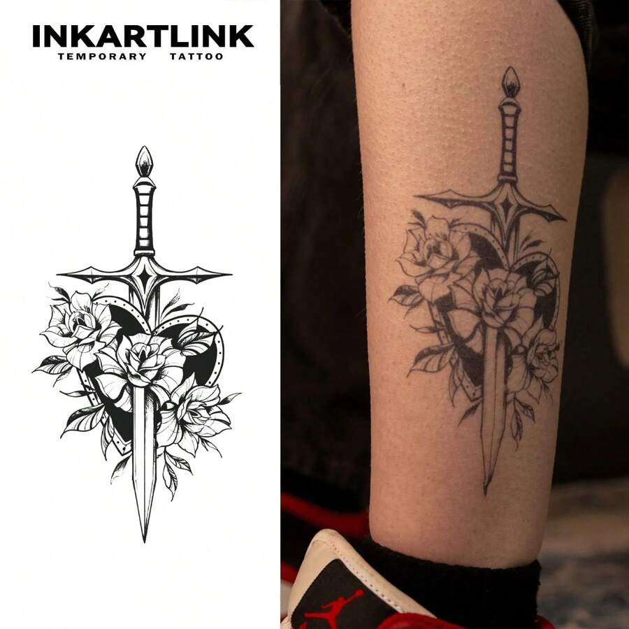 INKARTLINK Sword Flower Tattoo | Plant-Based Semi-Permanent Revolutionary Technology | Waterproof & Long-Lasting 15 Days | Gothic Style Temporary Tattoo | Dark Style Body Art Sticker | Halloween Party Personalized Decoration