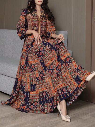 Casual, Bohemian Style, Vintage Geometric Print Embroidered Maxi Dress For Holiday Travel Elegant Spring