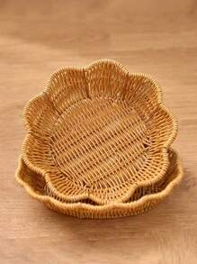 Set de 3 piezas/1 pieza de bandejas de estilo ratán trenzado a mano, cestas de frutas de ratán trenzado y platos para alimentos, bandejas para aperitivos, platos ovalados trenzados, platos para picnic al aire libre, vajilla reutilizable para el desayuno, bebidas, mesas de café, decoración del hogar de estilo rústico - Encaje redondo - Ver 1