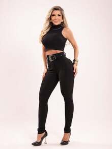 Slim Shaping Pants With Belt And PocketSimpleCasualPolyesterPocketWith Belt - Black - View 4