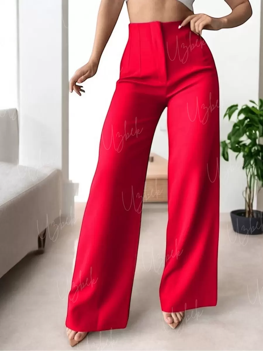 Pantalón de Pinzas Acampanado.  Pierna Amplia.  Talle Ajustado con Pinzas. - Rojo - Ver 1