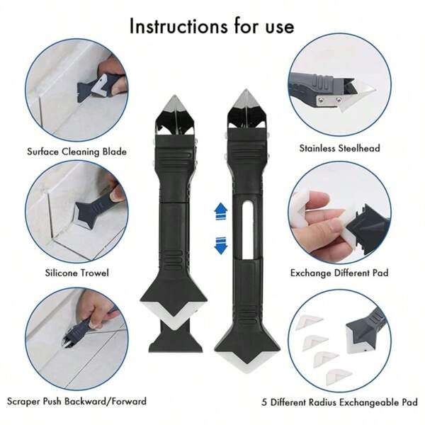 Ensemble d'outils à main 9 en 1 comprenant : grattoir en silicone, extracteur de colle et de joint, finisseur de joint, kit de couture, outil de retrait de moisissure de sol