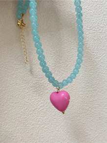 1pc Fashionable Minimalist Glass Bead Necklace With ABS Plastic Heart Charm, A Gift Or Everyday Wear