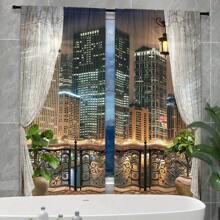 2 Pieces Of City Night Curtain, Simulate High-Rise Balcony Landscape, 3D Printing Sunshade, Suitable For Living Room, Bedroom, Study, Office. Hanging Modern Cityscape Curtain, Balcony Railing Night Scene Pattern, Translucent Sunshade, Easy To Install. 3D City Night Curtain, High-Rise Lighting Balcony View, Create A Romantic Atmosphere. - Màu xanh lam - Xem 4