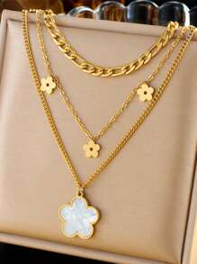 1 Multi-Layered Wear Retro Smooth Shell Floral Pendant Stainless Steel Three-Layer Petal Chain Necklace Suitable For Women's Daily Wear - Multicolor - View 1