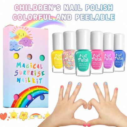 6支/套 4毫升 儿童指甲油套装，涂鸦彩色美甲油，水性免烤凝胶指甲油，多色组合带闪粉，适合儿童美甲沙龙、DIY居家、节日派对、生日庆祝美甲用品