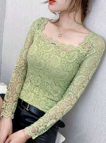 Blusa de renda manga longa, nova blusa feminina elegante justa sexy versátil gola quadrada, outono/inverno
