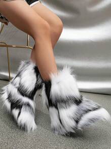 Women's Winter Furry Snow Boots For Women Fluffy Round Toe Suede Booties Flat Heel Slip On Outdoor Indoor Shoes Fashion Warm Fluffy Christmas Shoes - Đen và trắng - Xem 3