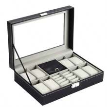 1 pieza Caja exhibidora de 8 compartimientos para relojes y anillos con ventana transparente, almacenamiento de joyas