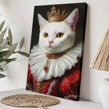 1pc Pet Wrapped Framed Canvas Wall Art, Vintage Prints Poster, Cat Dress Crown White Red Gold, Birthday Party Decor, Decorative Wall Art For Living Room Bedroom Office, Hanging Hardware Included - Framed, Vertical