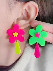 1 par de pendientes de resina con diseño de girasol y bloques de color neón para mujer, estilo vacaciones - Girasol empalmado color fluorescente - Ver 12